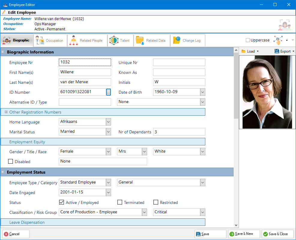 Biographical data, documents and positions in one file